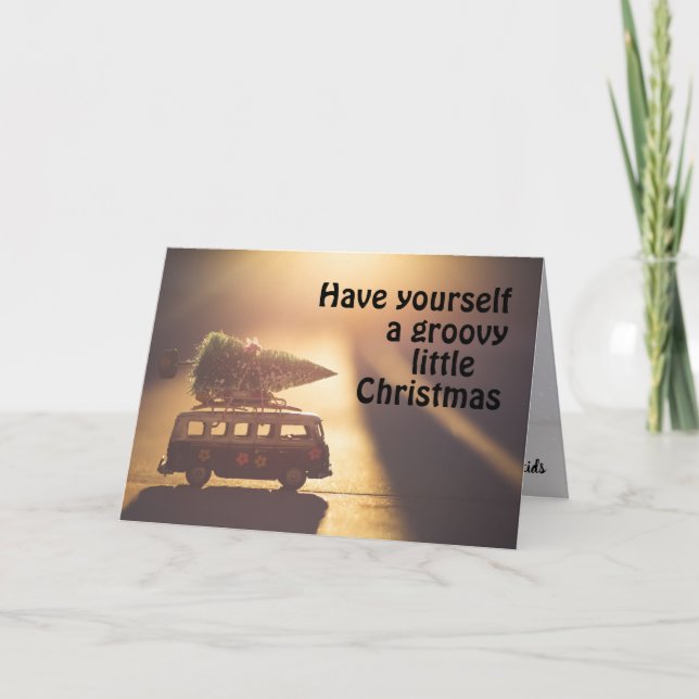 Groovy little Christmas retro bus, brush tree Card (Front)