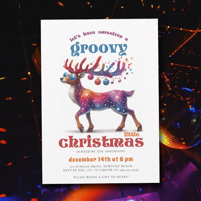Groovy Little Disco Reindeer Funny Christmas Party Invitation (groovy little christmas party hippie disco reindeer 70s nostalgia retro vintage invitation)