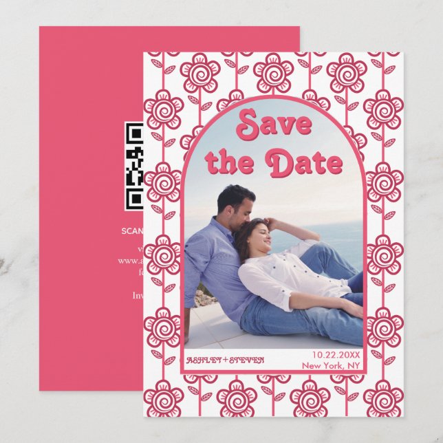 Groovy magenta and pink flowers 70s inspired photo save the date (Front/Back)