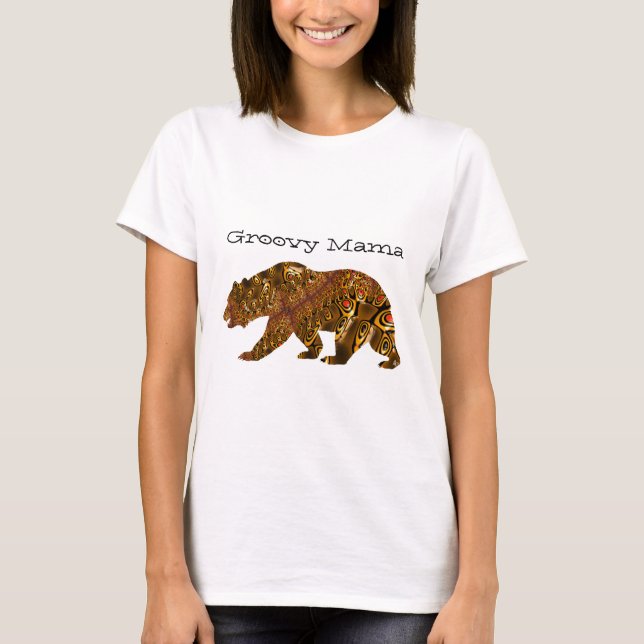 Groovy Mama Bear Fractal Silhouette Typography Art T-Shirt (Front)