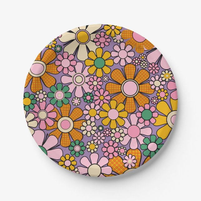Groovy Maximalist Retro Garden Gingham Flowers Paper Plate (Front)