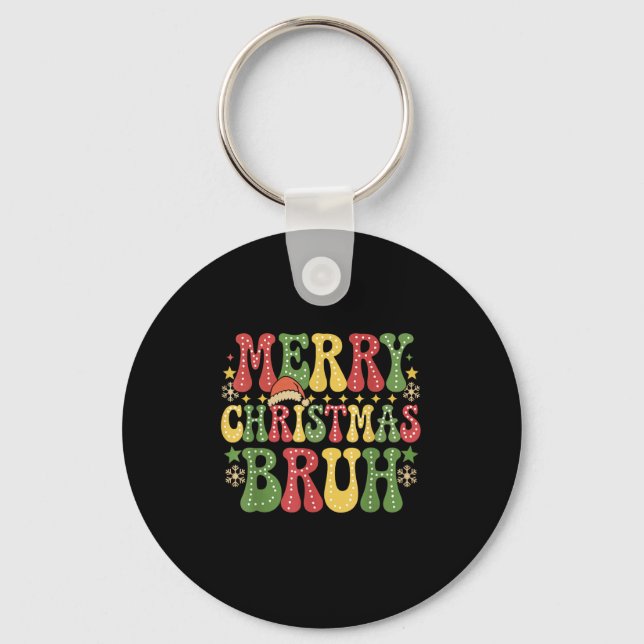 Groovy Merry Christmas Bruh Xmas Lights Santa Hat  Keychain (Front)