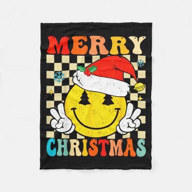 Groovy Merry Christmas Smile Face Santa Hat Xmas T Fleece Blanket (Front)
