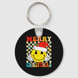 Groovy Merry Christmas Smile Face Santa Hat Xmas T Keychain