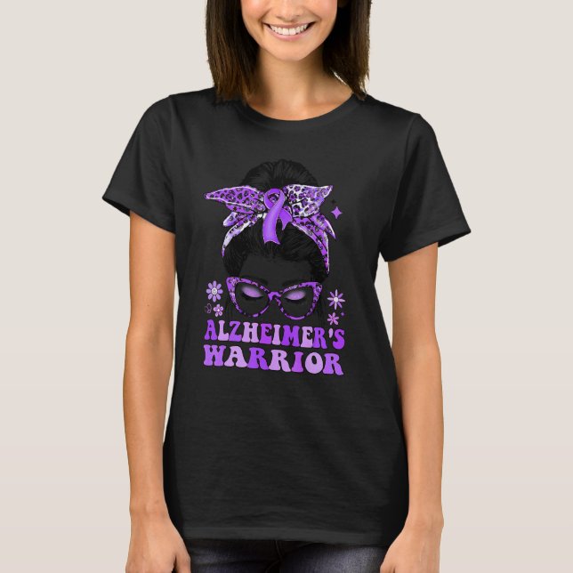 Groovy Messy Bun Leopard Purple Ribbon Alzheimer's T-Shirt (Front)