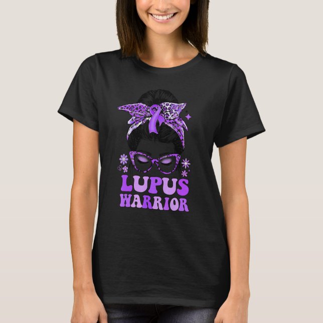 Groovy Messy Bun Leopard Purple Ribbon Lupus Warri T-Shirt (Front)