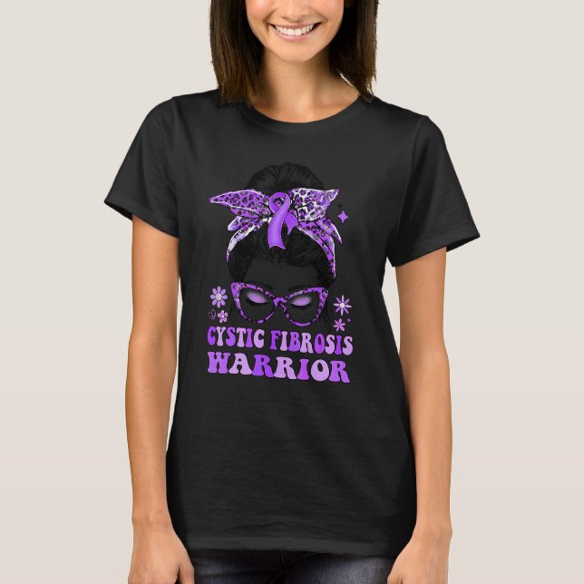 Groovy Messy Bun Purple Ribbon Cystic Fibrosis War T-Shirt (Front)