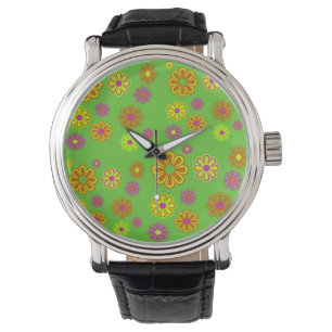 Groovy Mod Pop Flowers lime, yellow and orange Watch