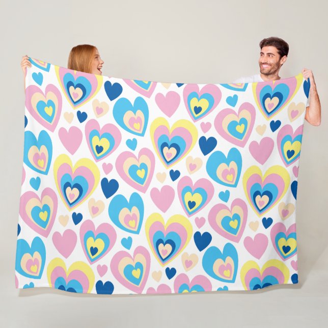 Groovy Modern Cute Pastel Pink Blue Yellow Hearts. Fleece Blanket (In Situ)