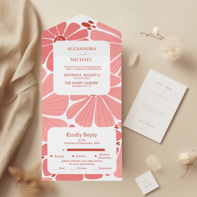 Groovy modern pink daisy wedding all in one invitation (Creator Uploaded)