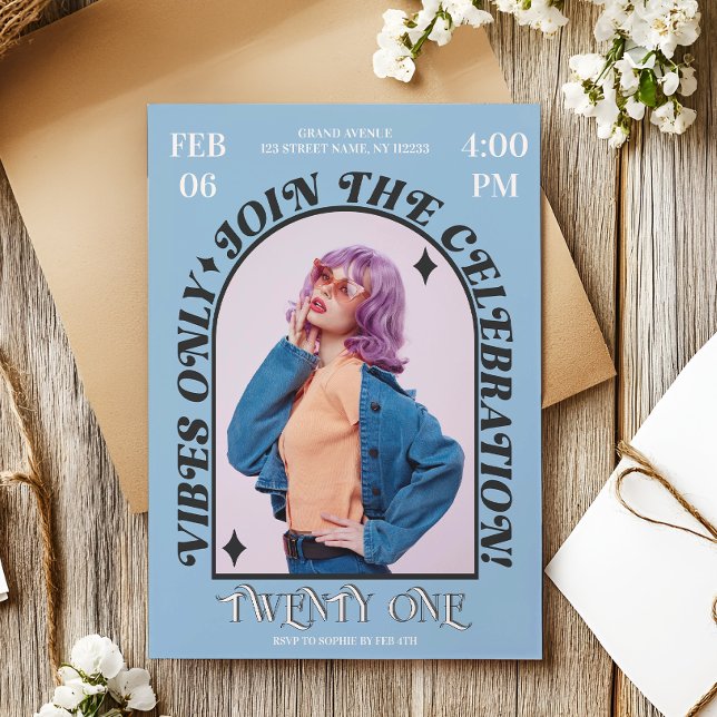 Groovy Modern Retro Arch Photo Birthday Party Invitation (vibes only join the celebration frasurbane retro custom photo birthday invitation)