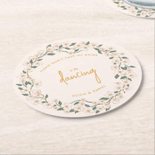 Groovy Mustard Floral Wedding Round Paper Coaster