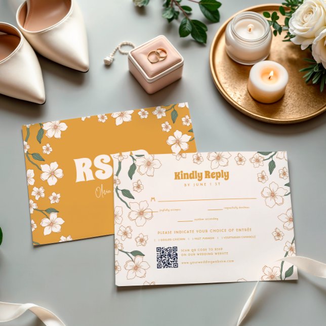 Groovy Mustard Floral Wedding RSVP Card (Creator Uploaded)