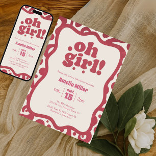 Groovy Oh Girl Retro Pink 70s baby shower Invitation