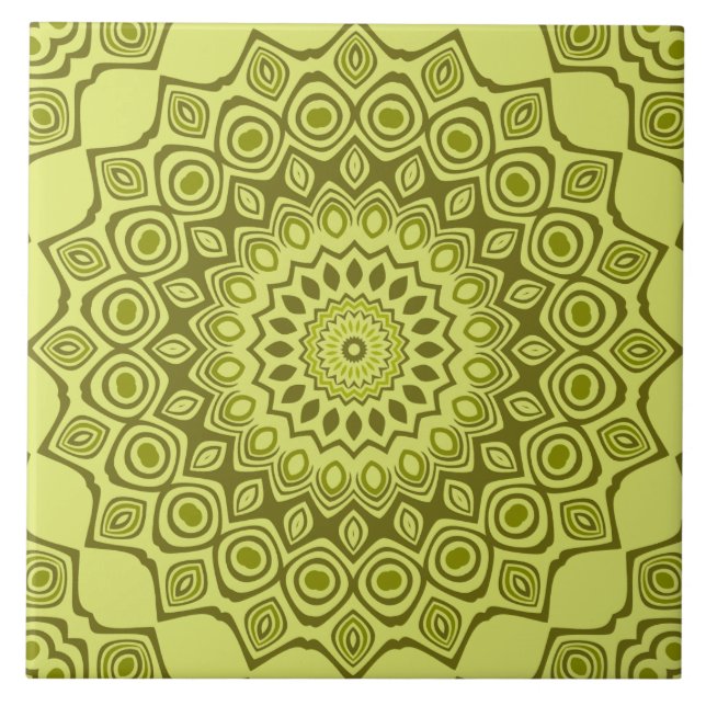 Groovy Olive Green Mandala Pattern Tile (Front)