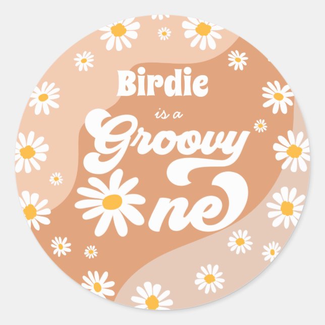 Groovy One 1st Birthday Party Retro Daisy Favours Classic Round Sticker (Front)