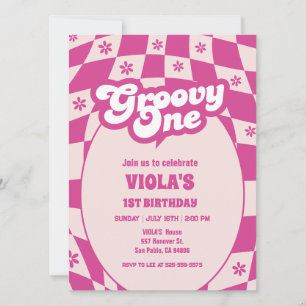 groovy one 1st birthday pink daisy birthday invitation