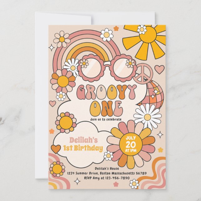 Groovy One 70s Flower Power Rainbow Birthday Party Invitation (Front)