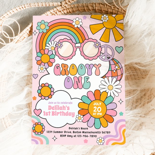 Groovy One 70s Flower Power Rainbow Birthday Party Invitation (Creator Uploaded)