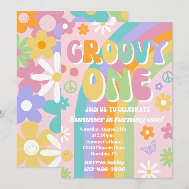 Groovy One Birthday Invitation (Front/Back)