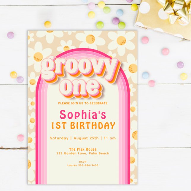 Groovy One Boho Daisy Rainbow 1st Birthday Invitat Invitation (Creator Uploaded)