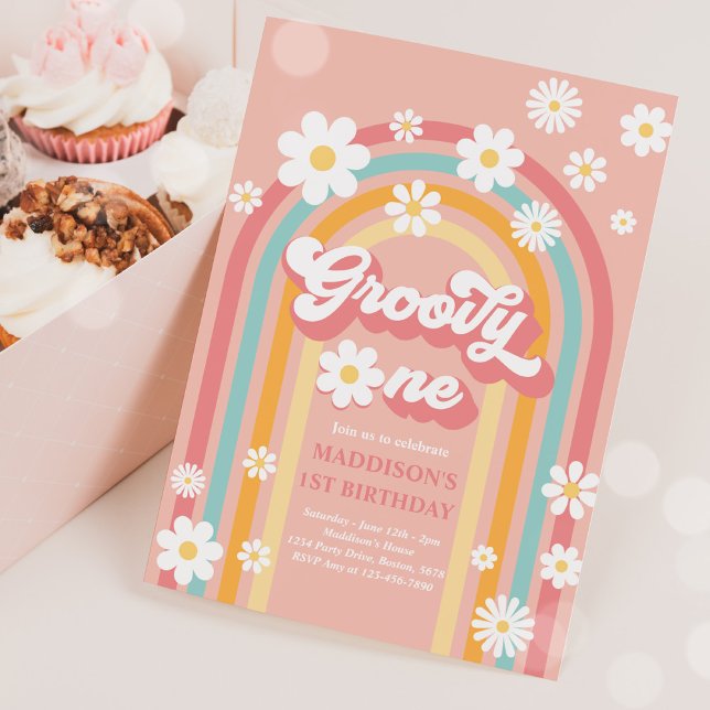 Groovy One Boho Daisy Rainbow 1st Birthday Party Invitation (Creator Uploaded)