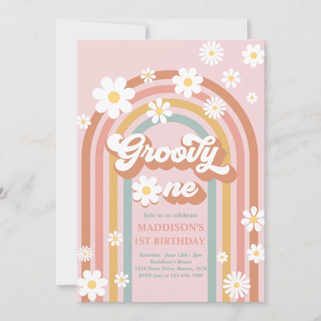 Groovy One Boho Daisy Rainbow 1st Birthday Party Invitation (Front)