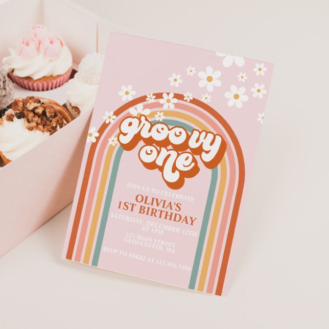 Groovy One boho daisy rainbow first birthday Invitation (Creator Uploaded)