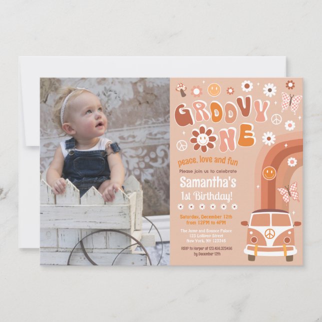 Groovy One Boho Retro 1st Birthday Invitations (Front)