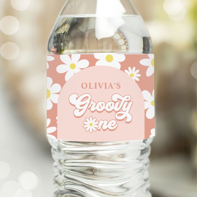 Groovy One Boho Retro Daisy 1st Birthday Party Water Bottle Label (Creator Uploaded)