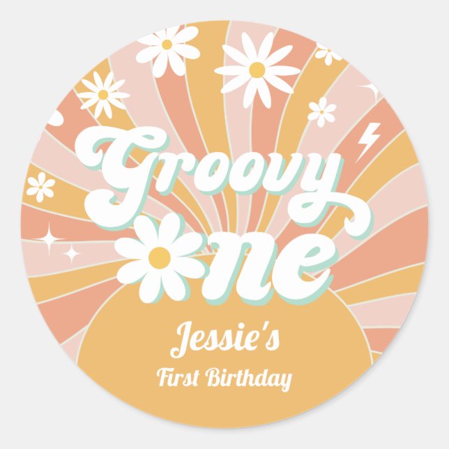 Groovy One Boho Retro Daisy Sunshine Floral Classic Round Sticker (Front)