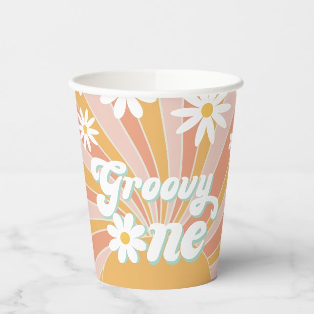 Groovy One Boho Retro Daisy Sunshine Floral Paper Cups (Left)