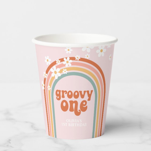 Groovy One daisy hippie rainbow first birthday Pap Paper Cups (Front)