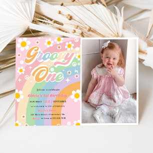 Groovy One Daisy Rainbow 1st Birthday Party Photo  Invitation