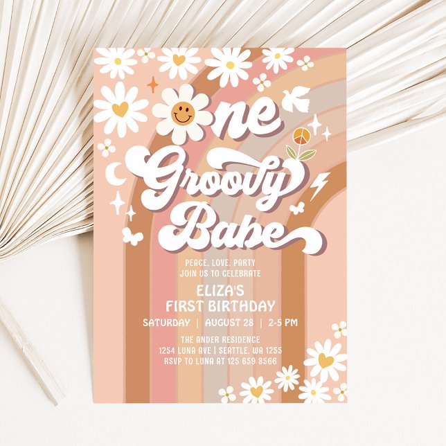 Groovy ONE Daisy Rainbow Beige 1st Birthday Invitation (Creator Uploaded)