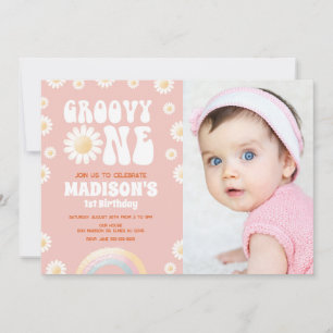 Groovy One Daisy Rainbow Retro Photo 1st Birthday Invitation