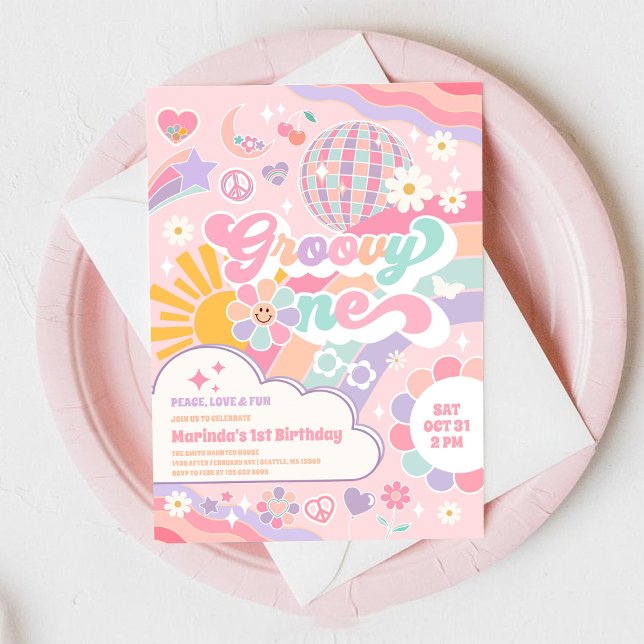 Groovy One Disco Rainbow Sun 1st Birthday  Invitation (Creator Uploaded)
