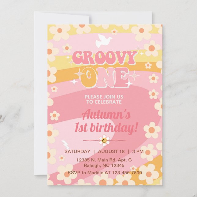 Groovy One girl 1st birthday invite, invitation. Invitation (Front)