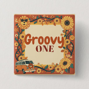 Groovy One Lion Birthday Retro 70s First Birthday 2 Inch Square Button