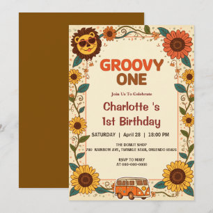 Groovy One Lion Birthday Retro 70s First Birthday Invitation