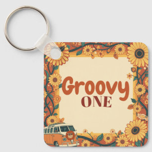 Groovy One Lion Birthday Retro 70s First Birthday Keychain