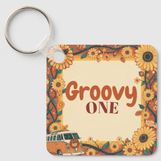 Groovy One Lion Birthday Retro 70s First Birthday Keychain