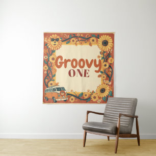 Groovy One Lion Birthday Retro 70s First Birthday Tapestry