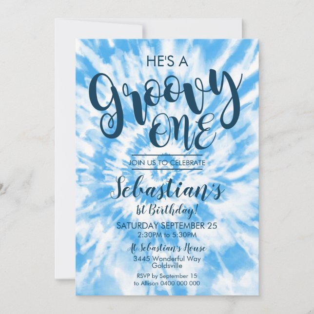 Groovy One Party Invitation Hippy Tie Dye Boy (Front)