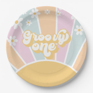 Groovy One pastel Retro Sunshine daisy boho Paper Plate