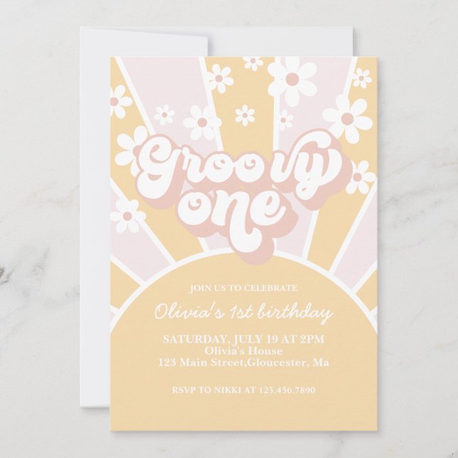 Groovy One Pastel Retro Sunshine daisy Pink Invitation (Front)