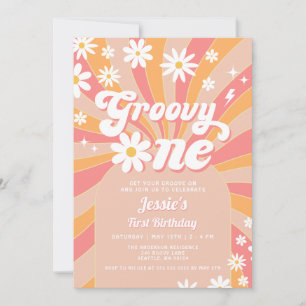 Groovy One Pink Daisy Sunshine Retro 1st Birthday Invitation