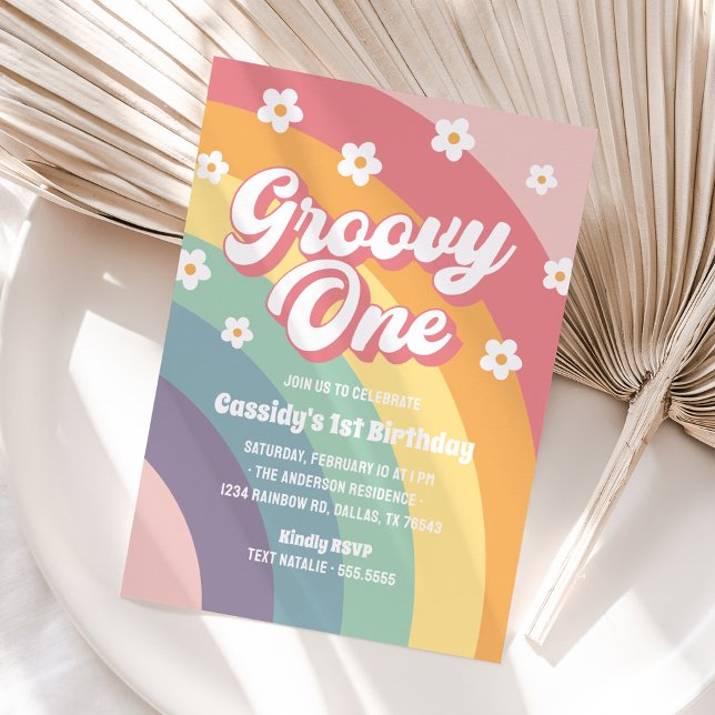 Groovy One Retro 70s Rainbow Daisy 1st Birthday Invitation (Creator Uploaded)