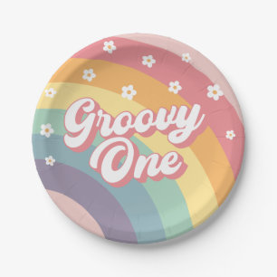 Groovy One Retro 70s Rainbow Daisy 1st Birthday  Paper Plate
