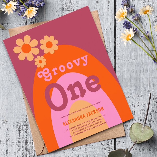 Groovy One Retro Boho 1st Birthday Party Invitation Postcard (Groovy one retro boho 1st birthday party budget invitation postcard )